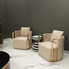 Premium Revolving Accent Chairs Pvd Coated Stainless Steel Base Stainless Steel Handles with golden Pvd coated Premium Quality Fabric and on Seating memory foam with super soft foams combination used